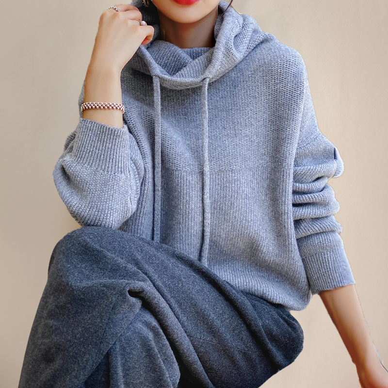 Hooded Knit Jumper with Drawstring and Ribbed Hem