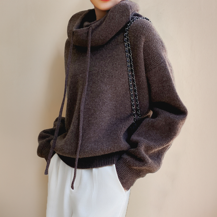 Hooded Knit Jumper with Drawstring and Ribbed Hem