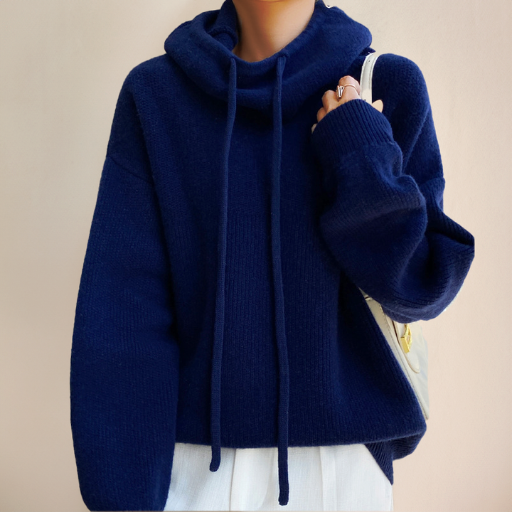 Hooded Knit Jumper with Drawstring and Ribbed Hem