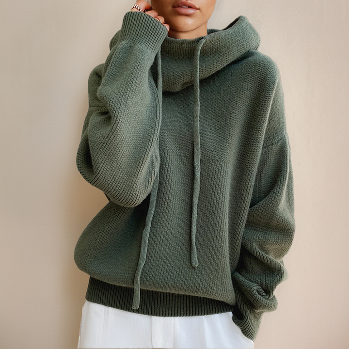Hooded Knit Jumper with Drawstring and Ribbed Hem