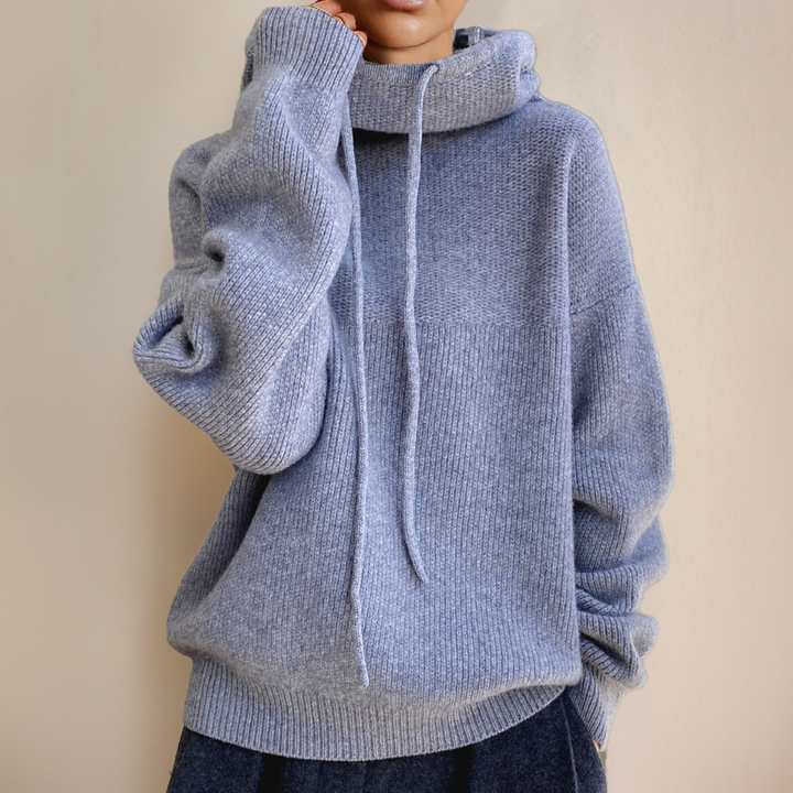 Hooded Knit Jumper with Drawstring and Ribbed Hem