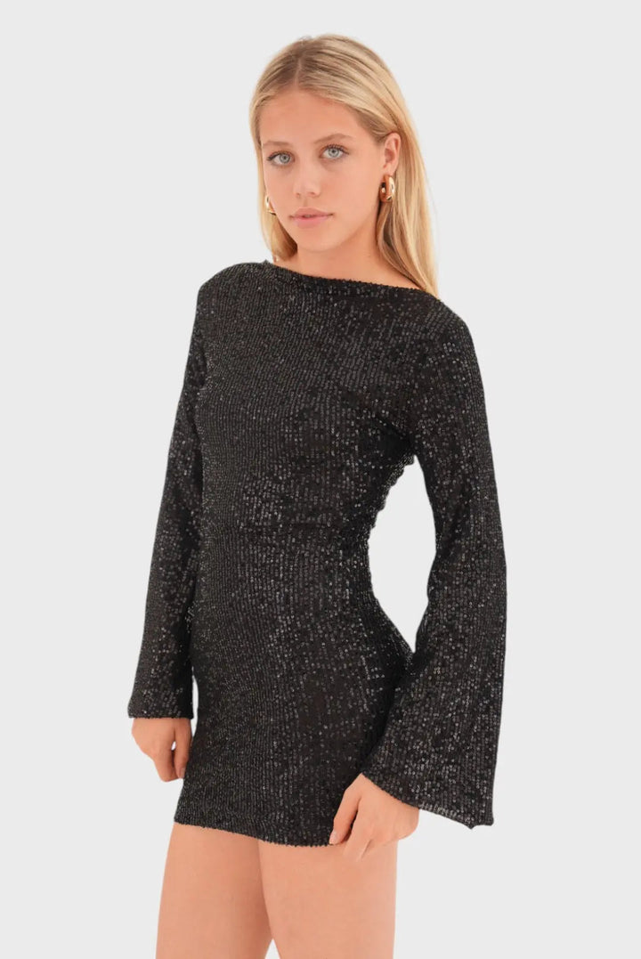 Mini Dress with Mock Neckline, Long Sleeves, and All-Over Sequins
