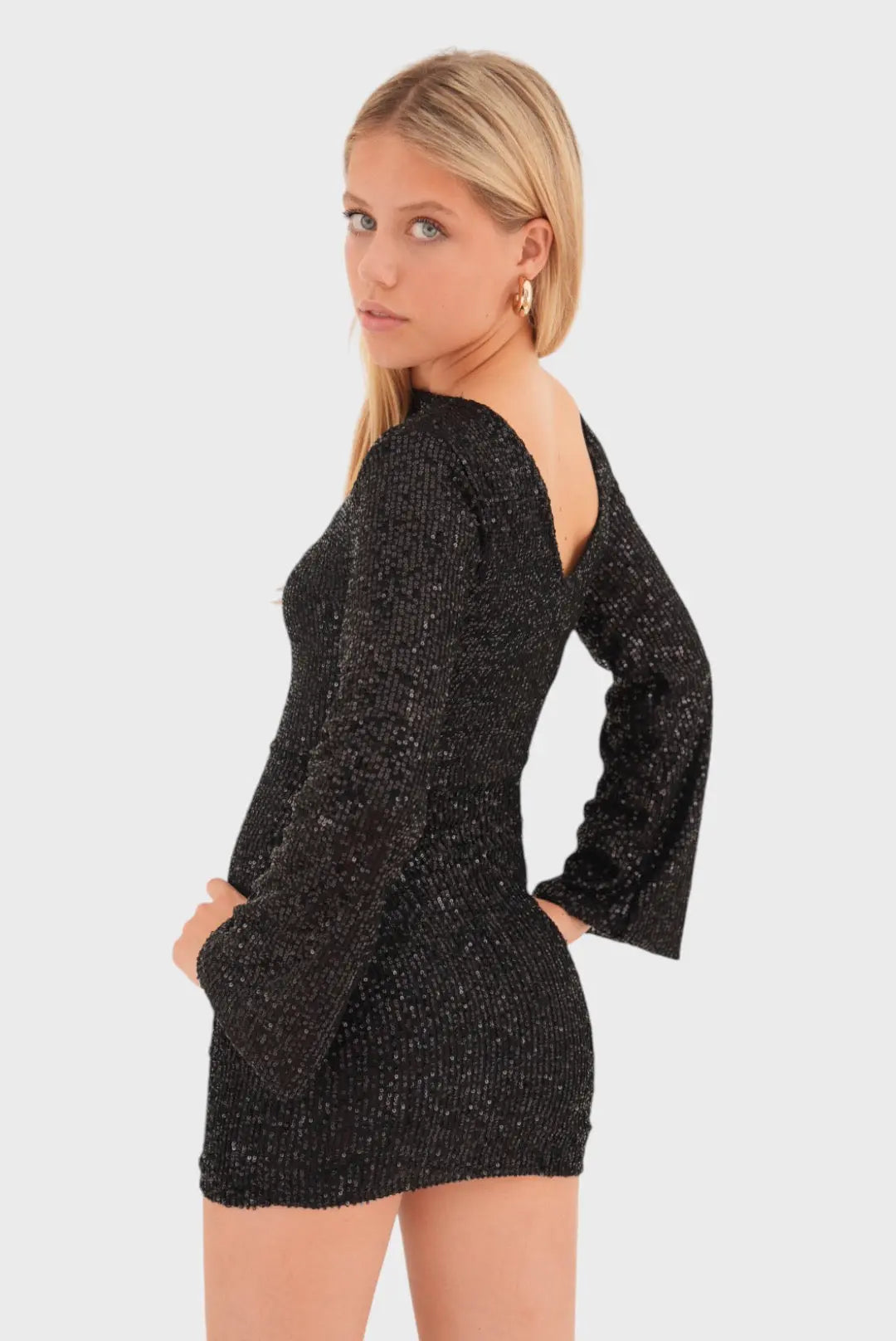Mini Dress with Mock Neckline, Long Sleeves, and All-Over Sequins