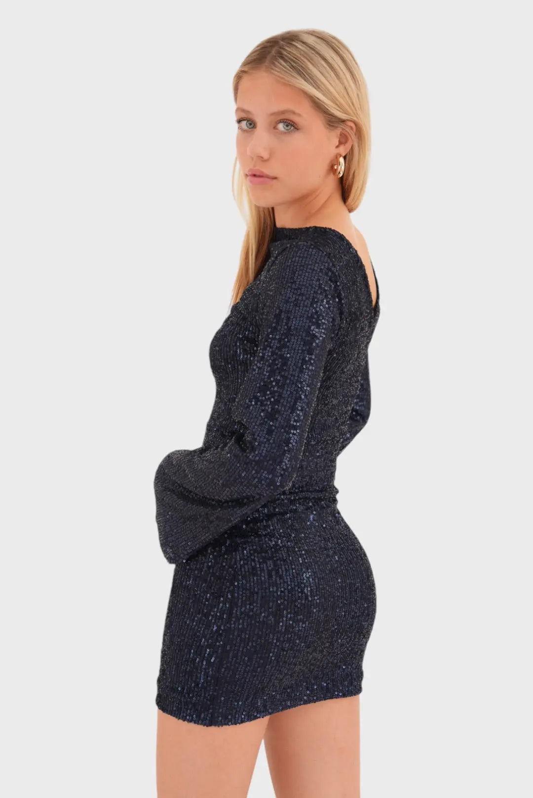 Mini Dress with Mock Neckline, Long Sleeves, and All-Over Sequins
