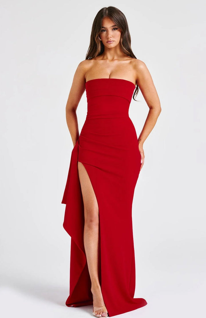 Strapless Maxi Dress with High Side Split and Draped Detailing