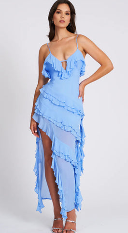 Asymmetrical Maxi Dress with V-Neckline, Spaghetti Straps and Layered Ruffle Hem