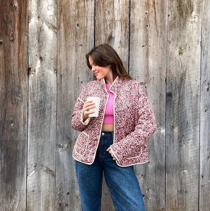 Quilted Floral Pattern Cropped Jacket with Stand Collar and Contrast Piping