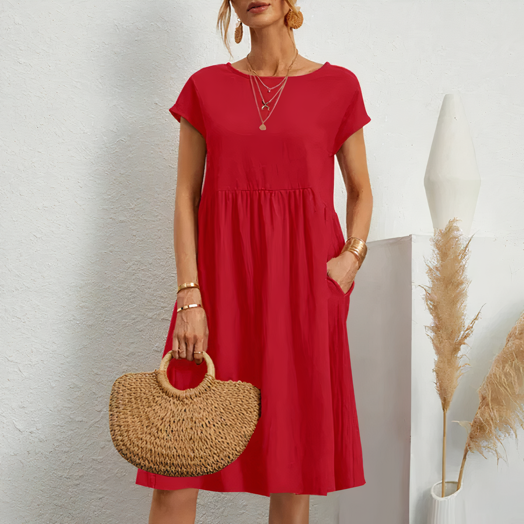 Round Neck Midi Dress with Cap Sleeves and Gathered Waist