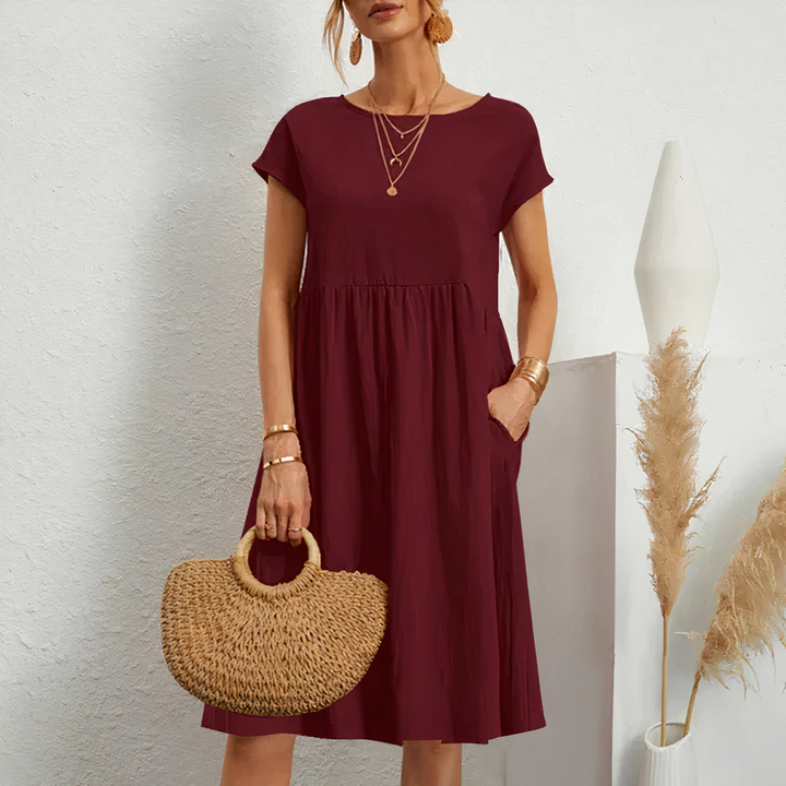 Round Neck Midi Dress with Cap Sleeves and Gathered Waist