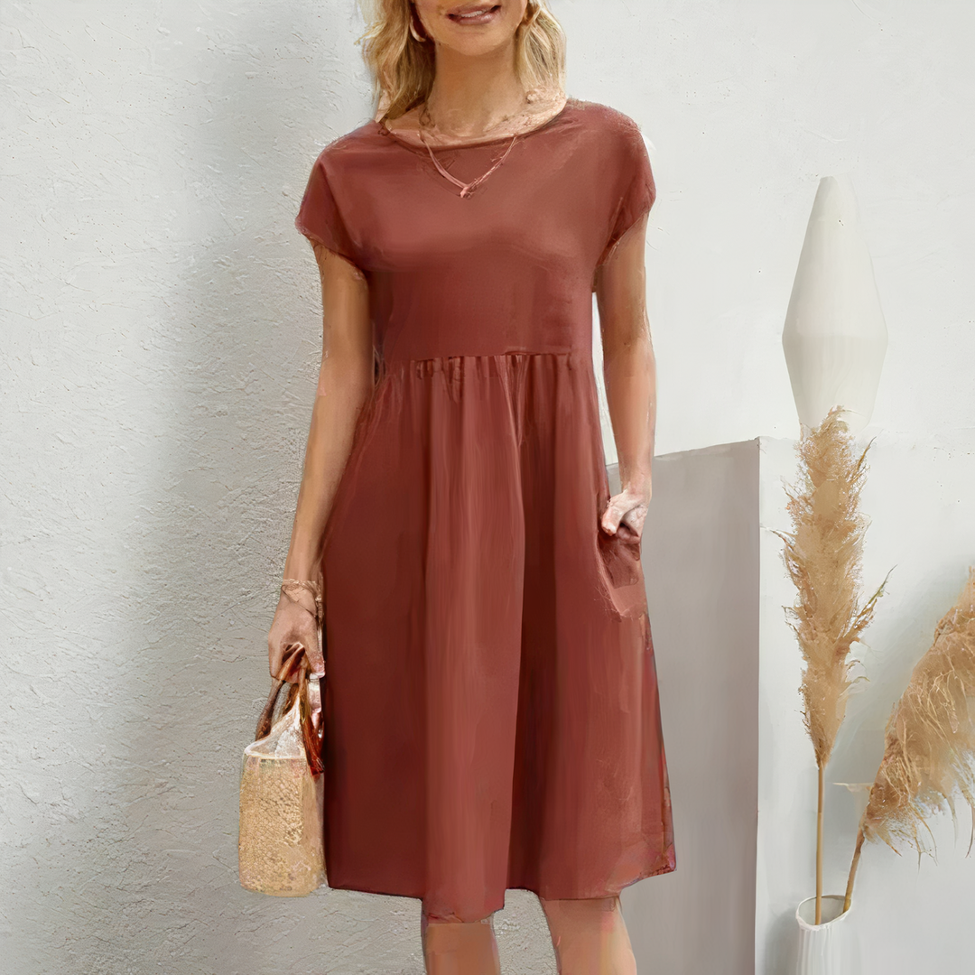 Round Neck Midi Dress with Cap Sleeves and Gathered Waist