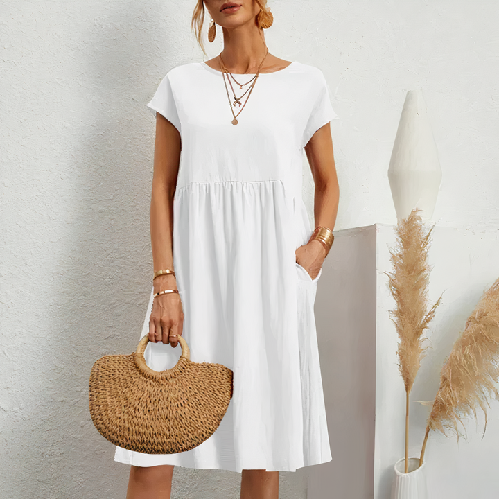Round Neck Midi Dress with Cap Sleeves and Gathered Waist