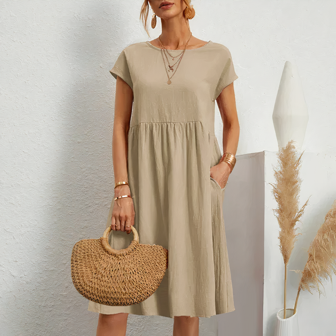 Round Neck Midi Dress with Cap Sleeves and Gathered Waist
