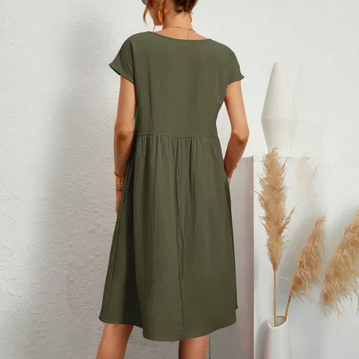 Round Neck Midi Dress with Cap Sleeves and Gathered Waist