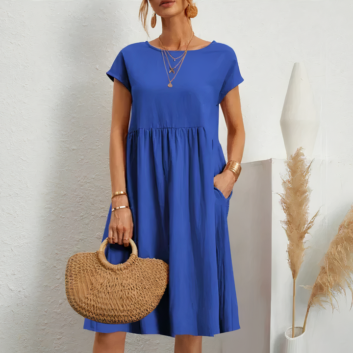 Round Neck Midi Dress with Cap Sleeves and Gathered Waist