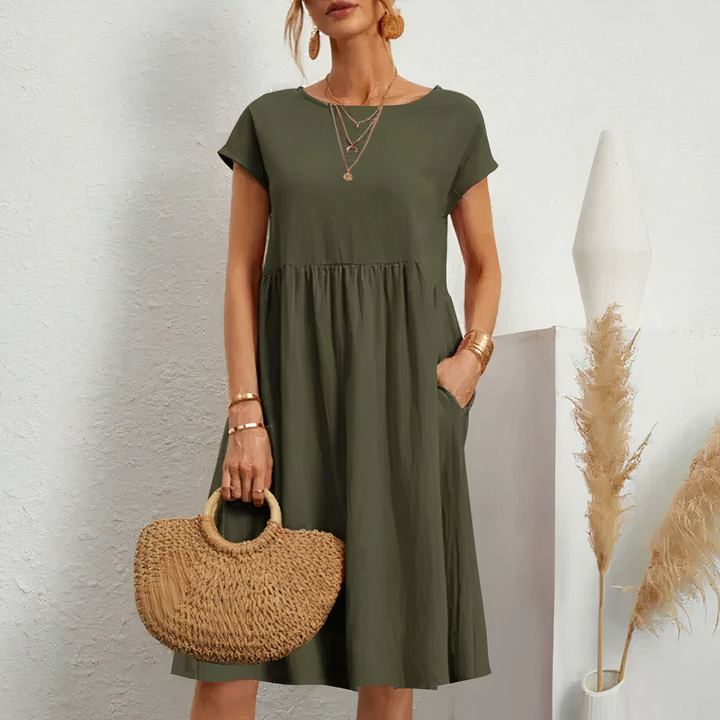 Round Neck Midi Dress with Cap Sleeves and Gathered Waist