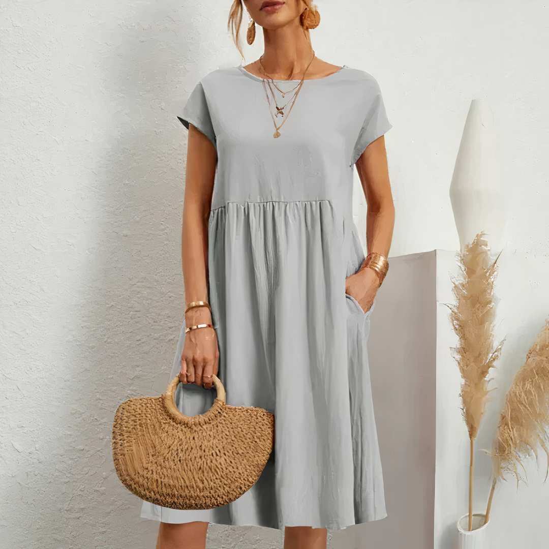 Round Neck Midi Dress with Cap Sleeves and Gathered Waist