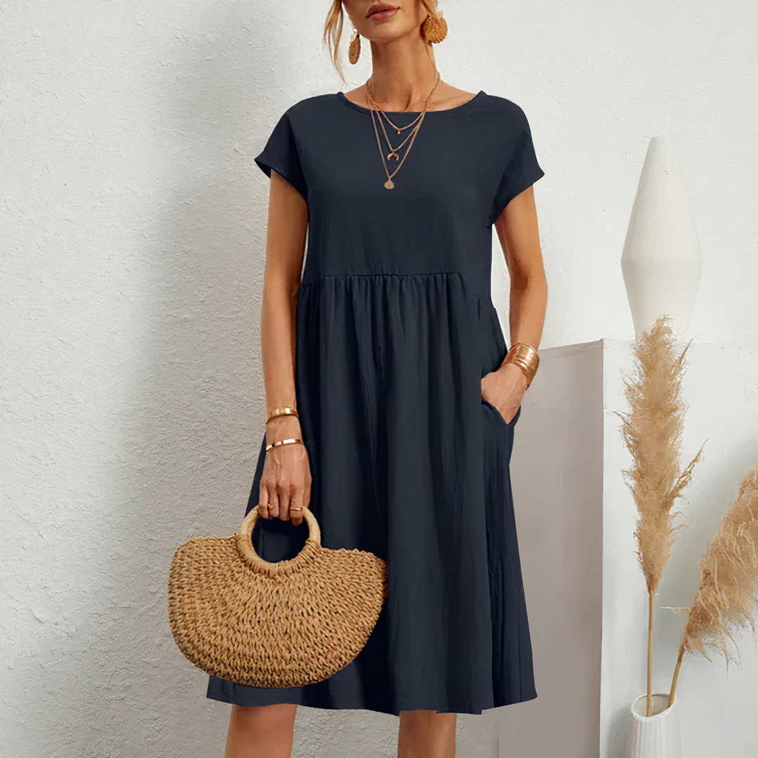Round Neck Midi Dress with Cap Sleeves and Gathered Waist