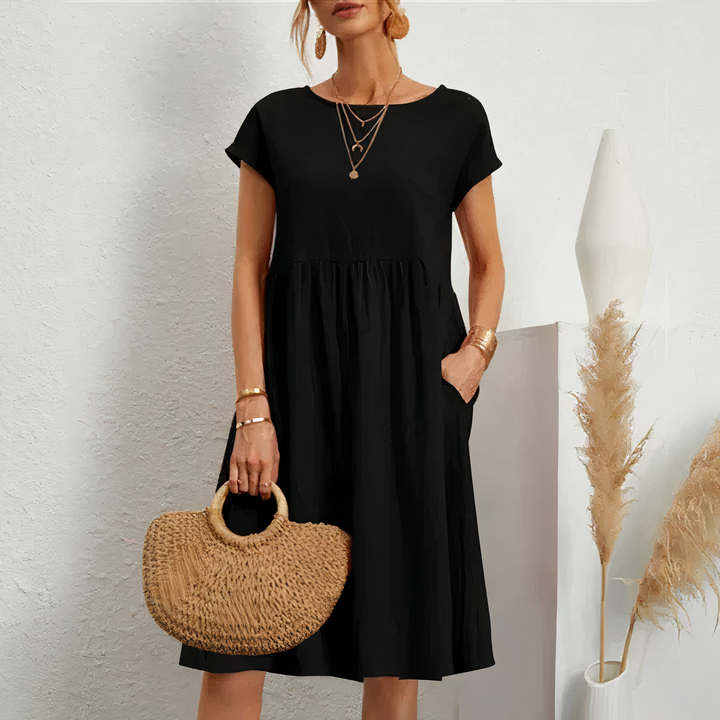 Round Neck Midi Dress with Cap Sleeves and Gathered Waist