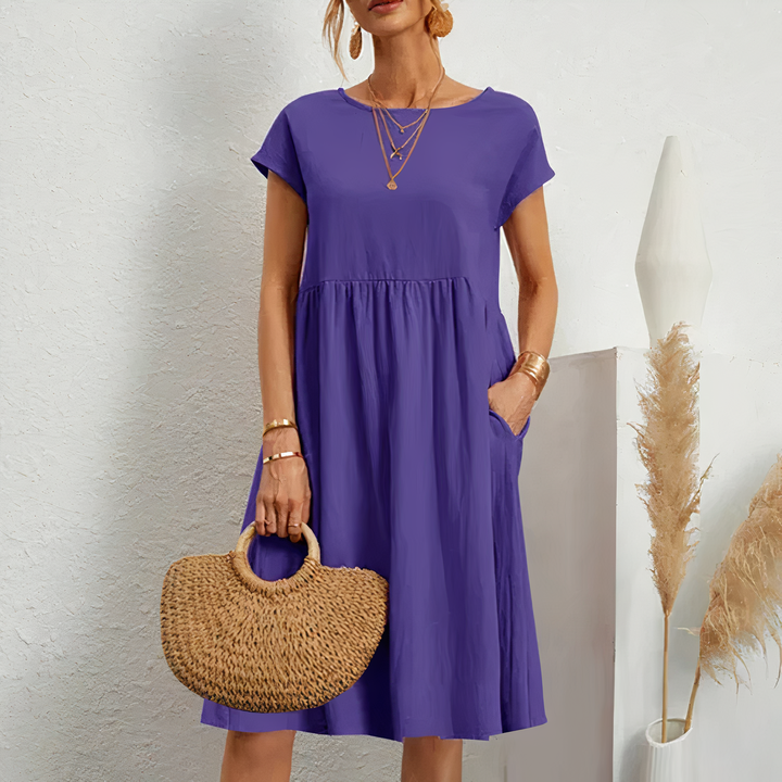 Round Neck Midi Dress with Cap Sleeves and Gathered Waist