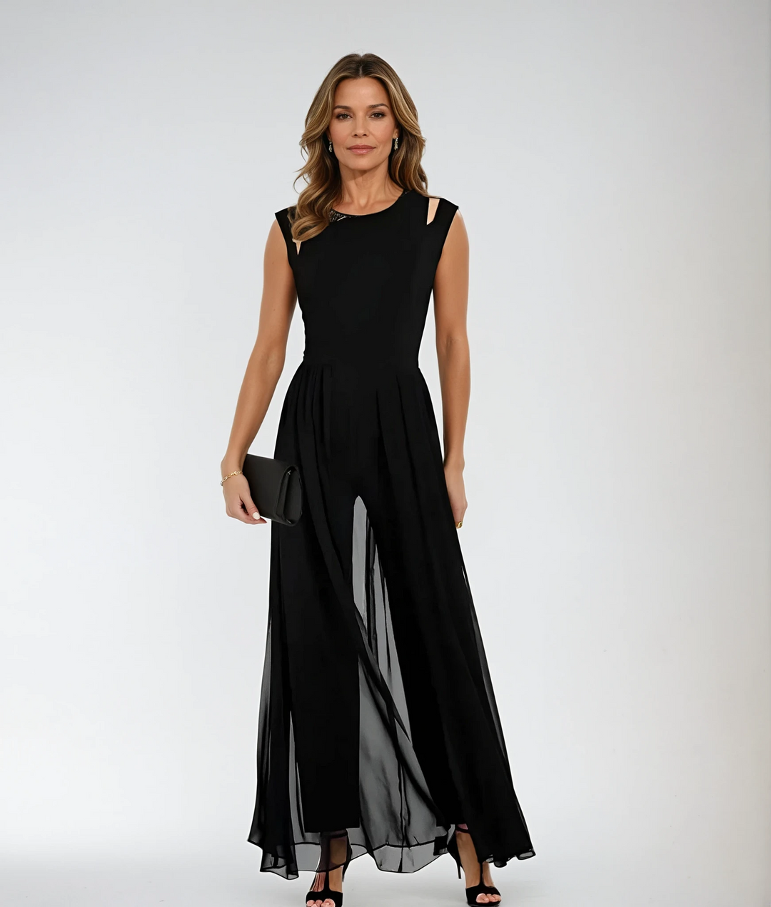 Jumpsuit with Overlay Skirt, Cut-Out Shoulders, and Wide Legs