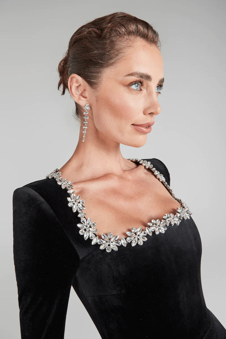 Embellished Square Neck Mini Dress with Long Sleeves