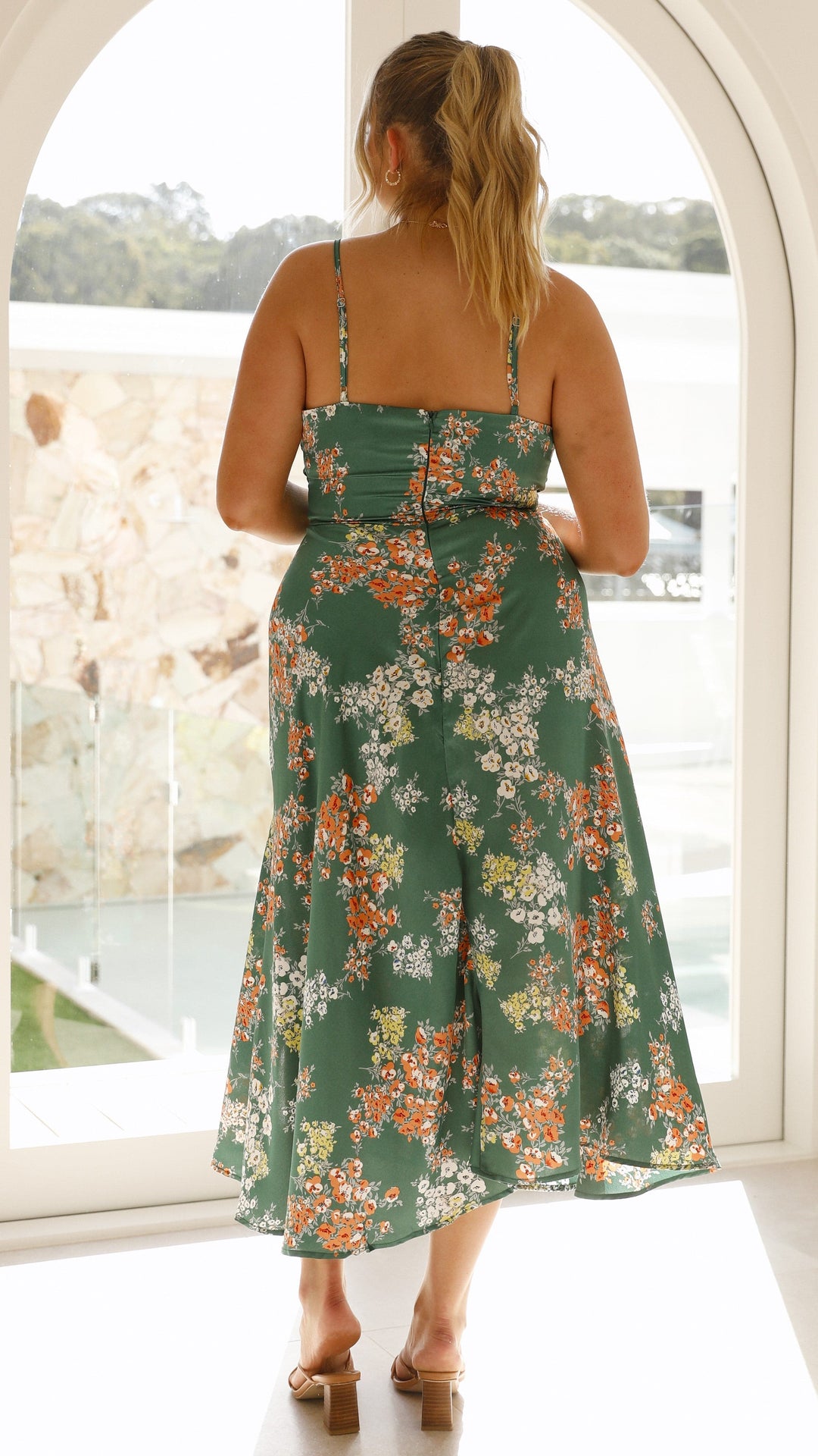 Midi Dress with Spaghetti Straps, V-Neckline and Front Slit