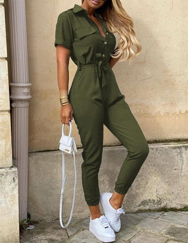 Short Sleeve Jumpsuit with Button Closure and Tie Waist