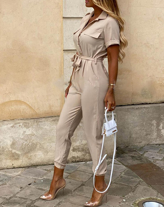 Short Sleeve Jumpsuit with Button Closure and Tie Waist