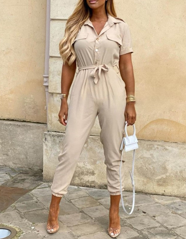 Short Sleeve Jumpsuit with Button Closure and Tie Waist