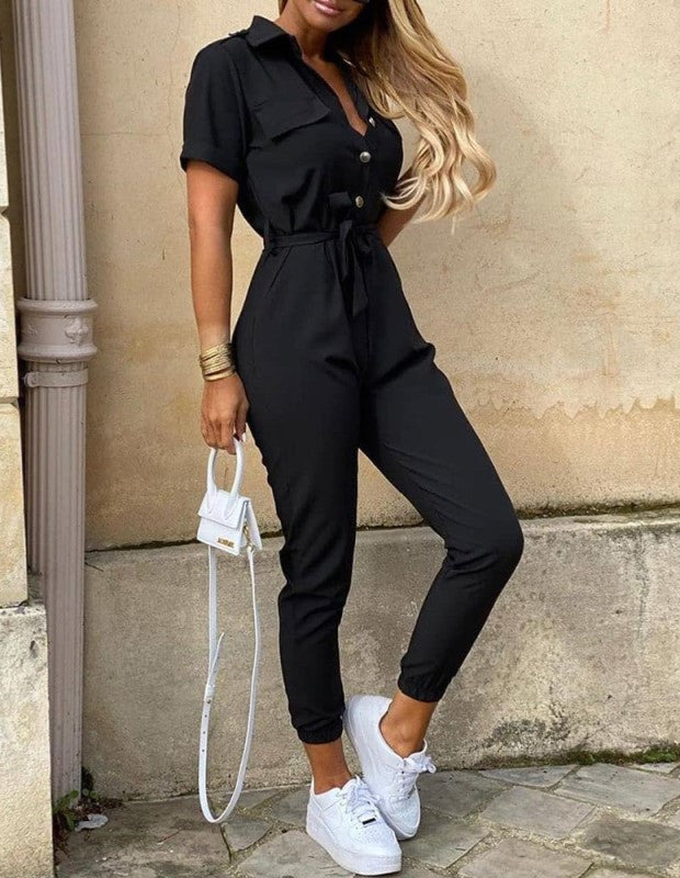 Short Sleeve Jumpsuit with Button Closure and Tie Waist