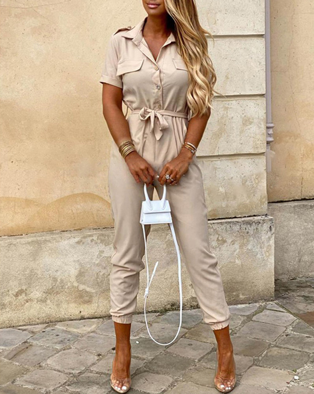 Short Sleeve Jumpsuit with Button Closure and Tie Waist