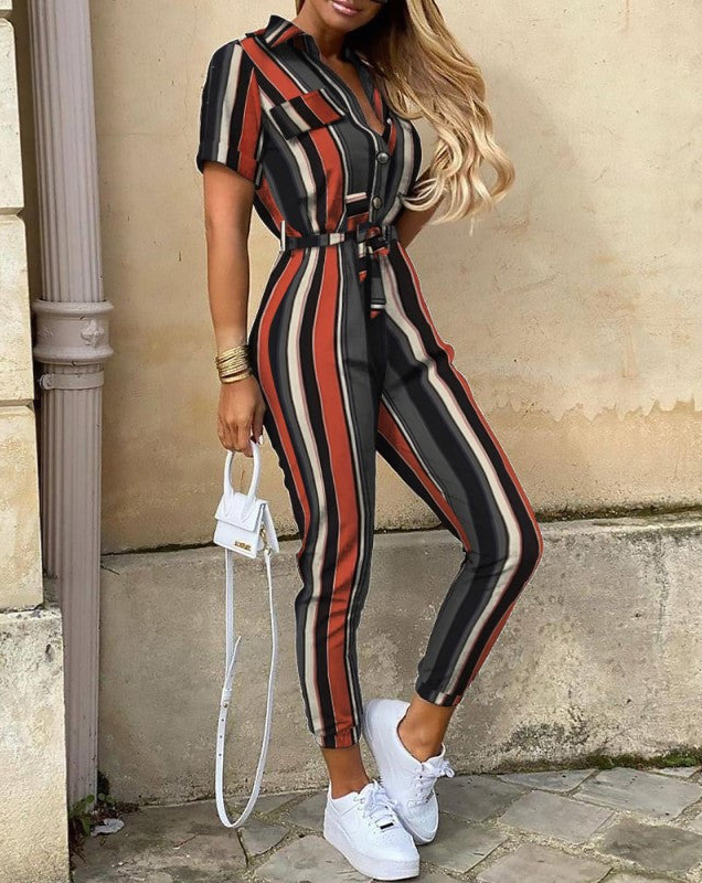 Short Sleeve Jumpsuit with Button Closure and Tie Waist
