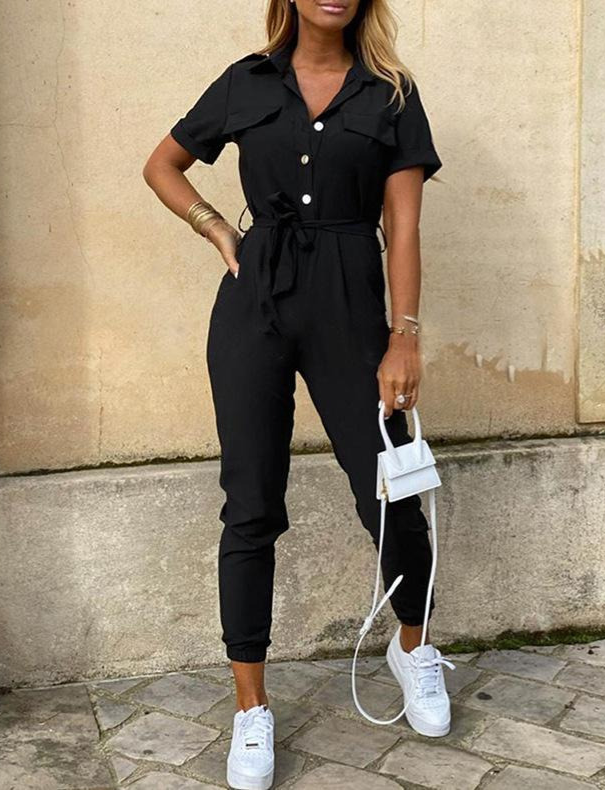 Short Sleeve Jumpsuit with Button Closure and Tie Waist