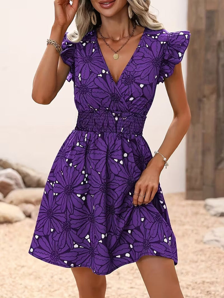 Mini Dress with V-Neckline, Ruffle Cap Sleeves, and Shirred Waist