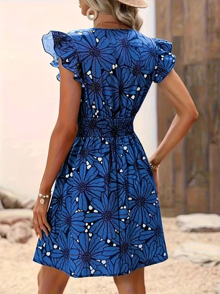 Mini Dress with V-Neckline, Ruffle Cap Sleeves, and Shirred Waist