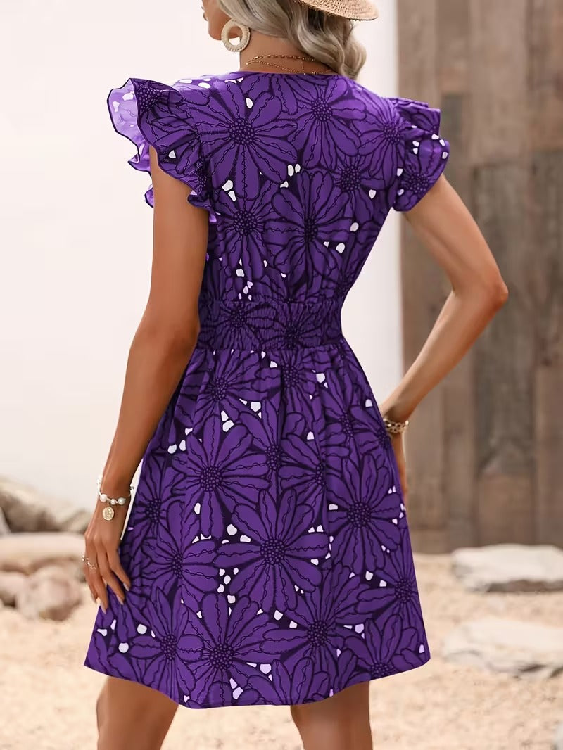 Mini Dress with V-Neckline, Ruffle Cap Sleeves, and Shirred Waist