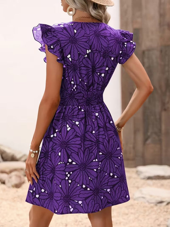 Mini Dress with V-Neckline, Ruffle Cap Sleeves, and Shirred Waist