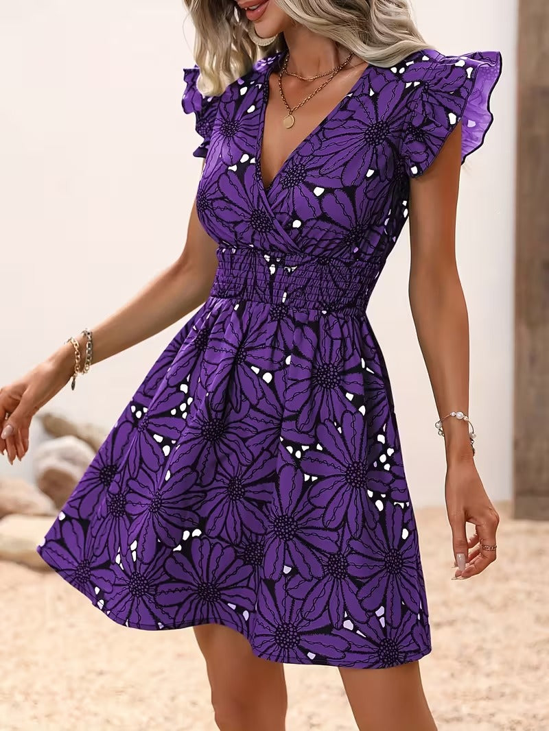 Mini Dress with V-Neckline, Ruffle Cap Sleeves, and Shirred Waist