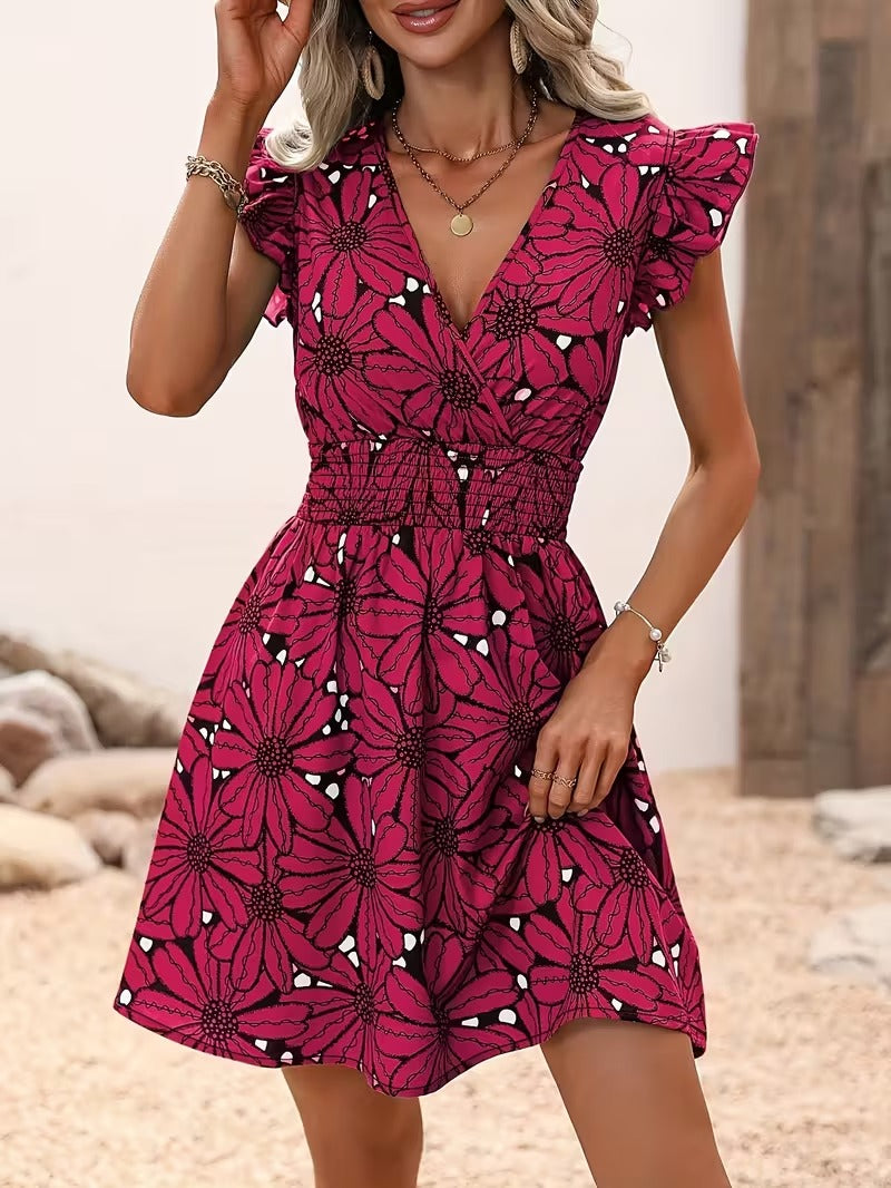Mini Dress with V-Neckline, Ruffle Cap Sleeves, and Shirred Waist