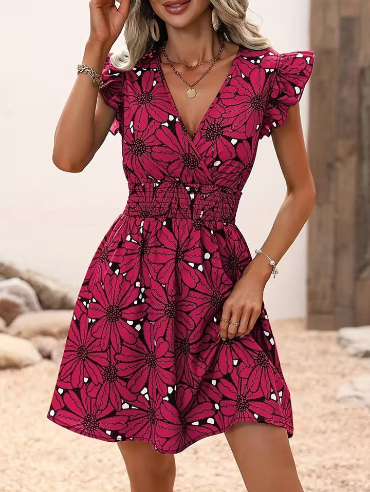 Mini Dress with V-Neckline, Ruffle Cap Sleeves, and Shirred Waist