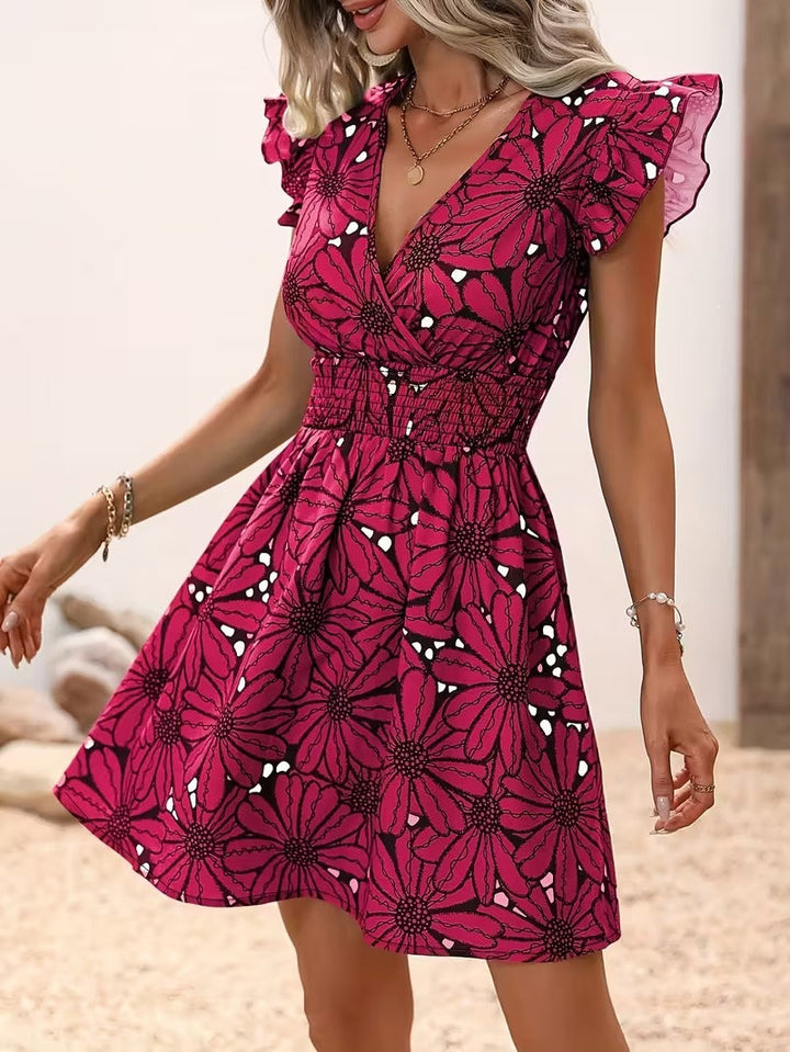 Mini Dress with V-Neckline, Ruffle Cap Sleeves, and Shirred Waist