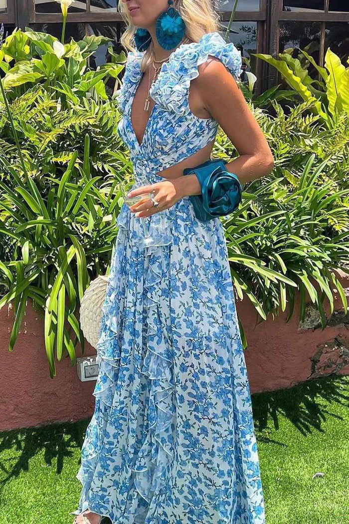 Ruffled Maxi Dress with Deep V-Neckline and Side Cut-Out Details