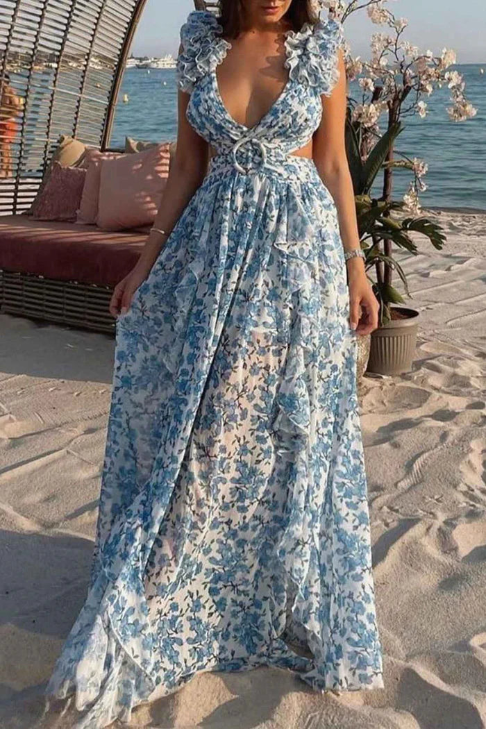 Ruffled Maxi Dress with Deep V-Neckline and Side Cut-Out Details