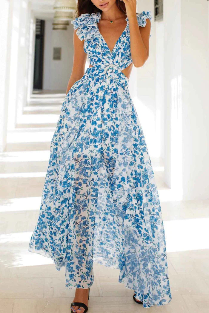 Ruffled Maxi Dress with Deep V-Neckline and Side Cut-Out Details
