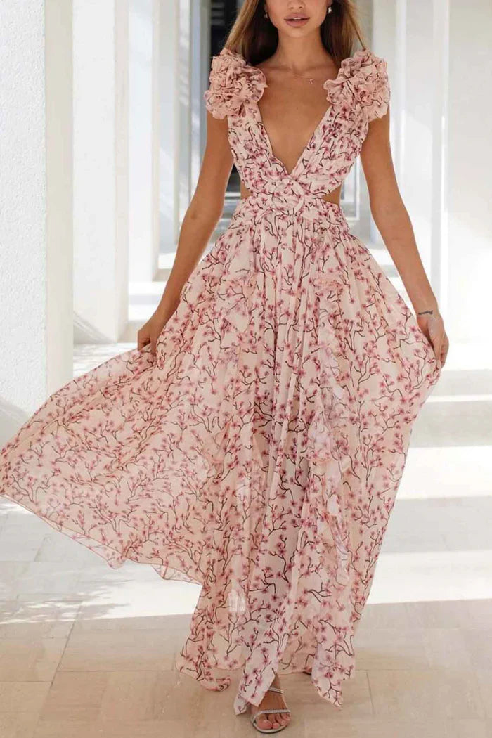 Ruffled Maxi Dress with Deep V-Neckline and Side Cut-Out Details