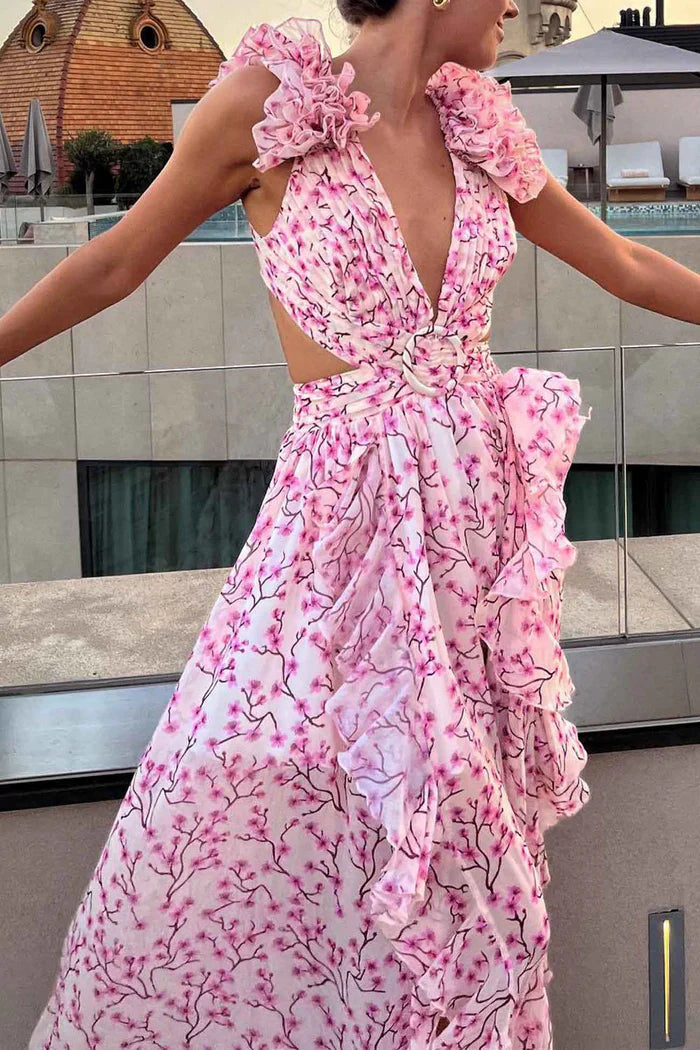 Ruffled Maxi Dress with Deep V-Neckline and Side Cut-Out Details