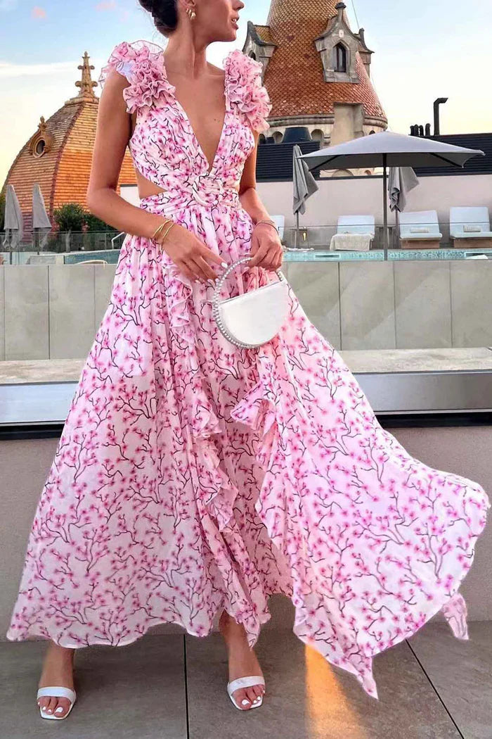Ruffled Maxi Dress with Deep V-Neckline and Side Cut-Out Details