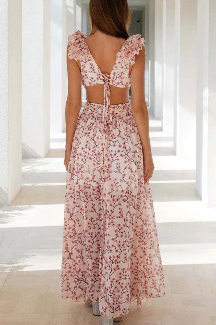 Ruffled Maxi Dress with Deep V-Neckline and Side Cut-Out Details