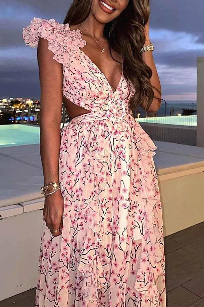 Ruffled Maxi Dress with Deep V-Neckline and Side Cut-Out Details
