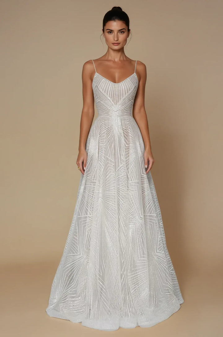 Maxi Gown with Deep V-Neckline, Spaghetti Straps, and Geometric Pattern Overlay